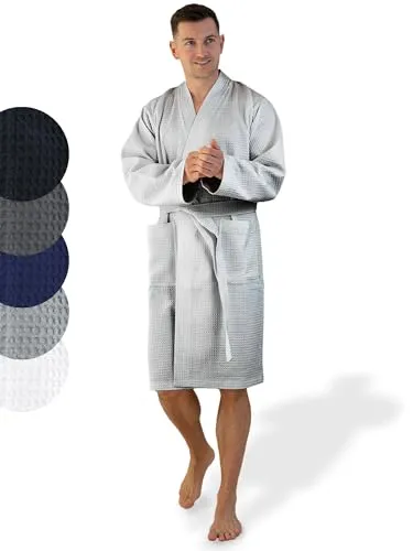 SIEGENTHAL® Herren Bademantel Waffelpique 100% Baumwolle - Hellgrau M - L - Bademantel für Herren aus 100% Baumwolle mit elegantem Waffelpique Design, leicht und saugfähig – ideal für Wellness und Spa-Momente.
