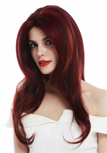 Perücke Damen Lace Wig lang glatt gestuft Bordeaux Kupfer Orange Rot gesträhnt