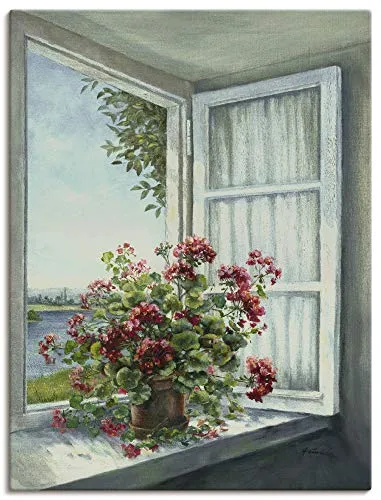 ARTLAND Wanddeko Leinwand Bilder Wandbild 45x60 cm Fensterblick Fenster Blumen Botanik Geranie Malerei Landhaus Kunst T4DR