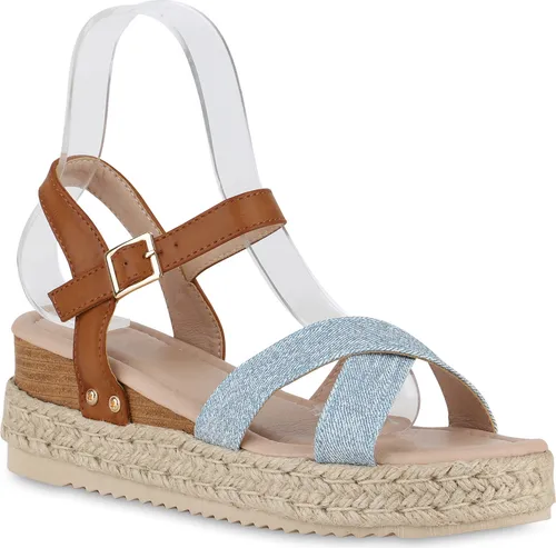 VAN HILL Damen Plateau Sandaletten Bast Denim - Wanderschuhe für Damen, mit 6 cm Absatzhöhe und stylischer Bast-Optik, ideal für Frühlings- und Sommerabenteuer.