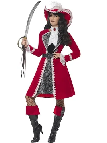 Smiffys Deluxe Lady Kapitän Kostüm, Rot - Luxuriöses Kapitänin Kostüm für Damen, ideal für Karneval und Themenpartys, mit Kleid, Jacke und Stiefelüberziehern für ein bequemes Tragegefühl.