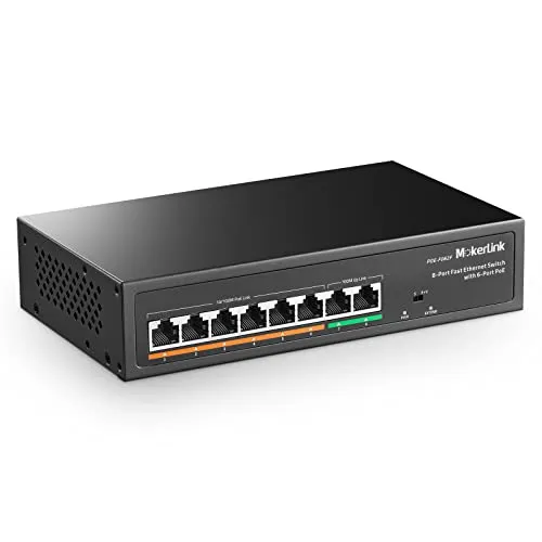 MokerLink 8 Port PoE Switch mit 6 PoE+ Port, 2 Uplink, 100Mbps, IEEE802.3af/at 78W AI Erkennung, Lüfterlosem Plug & Play Netzwerk Switch