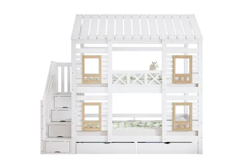 xixiworkshop Etagenbett 90x200cm - Kinderbett mit farblich abgesetztem Fallschutzgitter, zwei Schubladen und praktischer Stauraumtreppe, ideal für sicheres und organisiertes Spielen und Schlafen.