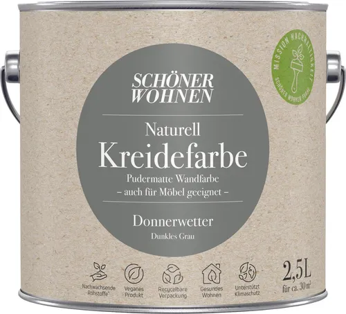 Schöner Wohnen Naturell Kreidefarbe matt 2,5 L - Donnerwetter-Dunkles Grau - Umweltfreundliche Wandfarbe, ideal für Innenräume und Möbel. Die vegane Rezeptur sorgt für hohe Deckkraft und ist schadstoffarm. Perfekt für nachhaltiges Wohnen!