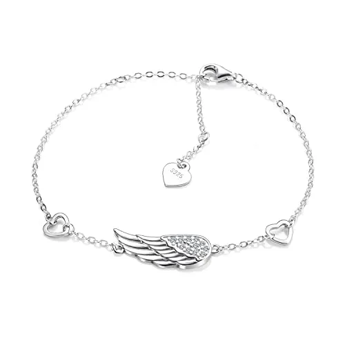 Engelsflügel Armband 925 Silber Damen für Mädchen Frauen Frau,Charms Zirkonia Glücksarmband Verstellbar Zart Engel Flügel Herz Liebes Glücksbringer Armbänder Geschenke für Kommunion Taufe Geburtstag