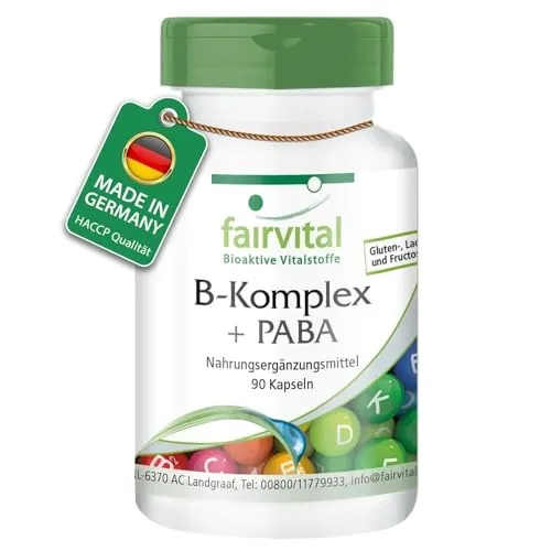 Fairvital | Vitamin B Komplex Forte + PABA - 90 Kapseln - 500µg Vitamin B12 - mit allen B-Vitaminen (B1, B2, B3, B5, B6, B7, B9, B12) HOCHDOSIERT - VEGAN