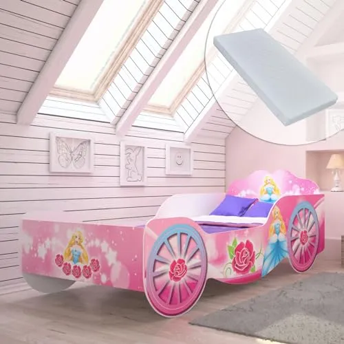Kids Collective Kutsche Kinderbett für Mädchen 70x140 | 80x160 mit Rausfallschutz und Matratze - Betten für Kinder: Märchenhaftes Spielbett mit stabilem Rausfallschutz, inklusive atmungsaktiver Matratze und einfacher Montage. Ideal für kleine Prinzessinnen!
