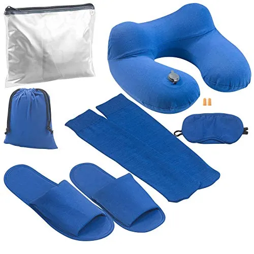 Newgen Medicals Schlafmaske Baumwolle: Reise-Set mit Nackenhörnchen, Maske, Ohrenstöpseln, Socken u.v.m. (Nackenhörnchen aufblasbar, Silikon-Ohrstöpsel, Damen)
