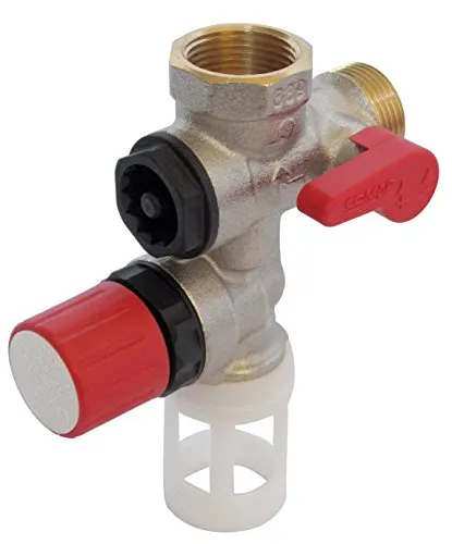 Sicherheitsgruppe 20 x 27 gerade - Sicherheitsventile, gerades Messingmodell für vertikalen Zulauf, inklusive Absperrventil für optimale Sicherheit und Zuverlässigkeit.