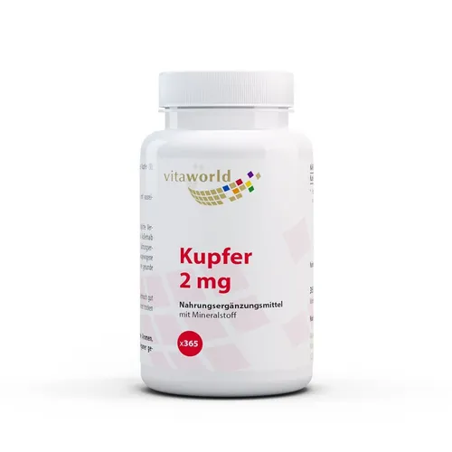 Vita World Kupfer 2 mg 365 Tabletten Vegan Hohe Bioverfügbarkeit Made in Germany