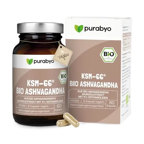 Bio Ashwagandha KSM-66 Extrakt - Premiumrohstoff 5% Withanolide - Ashwagandha Kapseln im Glas, vegan und laborgeprüft, mit dem höchsten natürlichen Gehalt an Withanoliden für effektive adaptogene Eigenschaften.