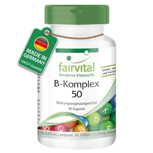Fairvital Vitamin B-Komplex 50-90 Kapseln - Hochdosiert & Vegan - Vitamin B-Complex Präparate mit 500µg Vitamin B12, unterstützt Energiestoffwechsel und Immunsystem. Ideal für eine umfassende Nährstoffversorgung!