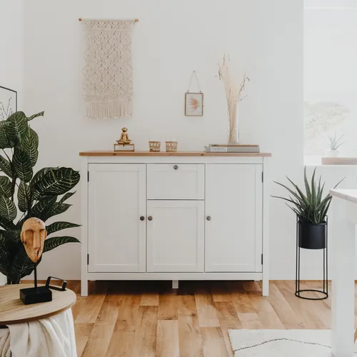 Homestyle4u Kommode Sideboard mit 4 Schubladen in Weiß - Skandinavisches Design Sideboard aus Holz mit 1 Schublade und 3 Fächern, ideal für viel Stauraum im Wohnzimmer, Esszimmer oder Flur. Stabile massive Holzfüße sorgen für sicheren Stand.