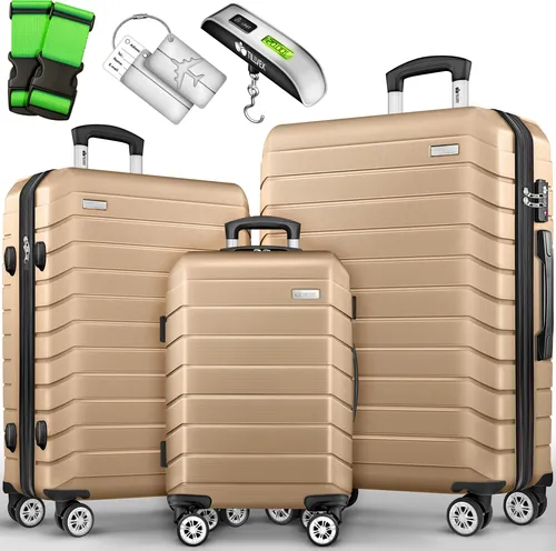 tillvex® Reisekoffer Set 3-TLG. mit Gepäckwaage und Zubehör - Gepäck-Sets mit robusten ABS-Hartschalen für ultimativen Schutz und 360°-Drehrollen für mühelose Beweglichkeit. Inklusive Gepäckwaage und nützlichem Zubehör für jede Reise.
