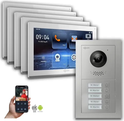 Goliath IP Video-Türsprechanlage 10-Zoll für 5-Familienhäuser - Moderne IP-Video-Türsprechanlage mit 10-Zoll Monitor, Smartphone-App und klarer HD-Videoqualität. Ideal für Sicherheit und Komfort in Mehrfamilienhäusern.