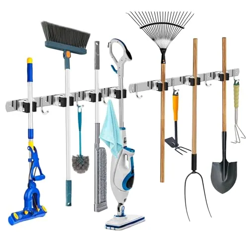 WECUTE Besenhalterung Wand 2 Stück - Edelstahl Gerätehalter für Gartengeräte - Wand-, Türgarderoben & Haken - Robuster Edelstahlhalter mit 7 Schlitzen und 7 Haken, ideal zur platzsparenden Organisation von Besen und Werkzeugen im Innen- und Außenbereich.