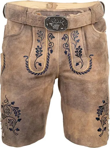 Lederhose kurz Gernot mit Gürtel und Stickerei - Hochwertige kurze Lederhose Gernot mit eleganten blauen Stickereien. Ideal für festliche Anlässe und kombiniert mit einem Trachtenhemd. Komfortabler Schnitt mit Gürtel und praktischen Taschen.