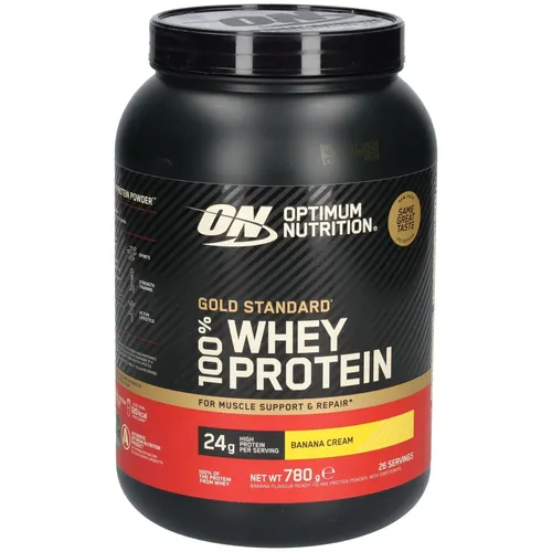 100% Whey Gold Standard - 780g - Banana Cream - Hochwertiges Proteinpulver für den Muskelaufbau. Ideal für Sportler, die auf Geschmack und Qualität Wert legen. Perfekt für die Zubereitung eines köstlichen Shakes.
