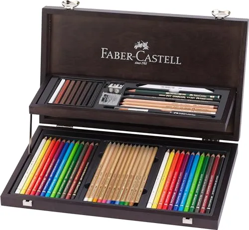 Faber-Castell 110084 - Art & Graphic Compendium Holzkoffer, 53-teilig, mit 12 Künstlerfarbstifte, 12 Aquarellstifte, 12 Pitt Pastels, Zubehör