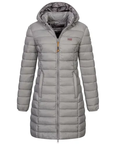 Geographical Norway Damen Winterjacke Steppmantel - Funktionsjacke in Hellgrau, leicht und warm, ideal für kalte Tage. Abnehmbare Kapuze und hochwertige Verarbeitung bieten Komfort und Stil.