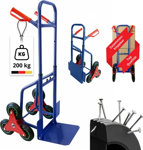Grafner Treppensteiger Sackkarre klappbar, 200kg Belastbarkeit - Sackkarren für vielseitige Transportarbeiten, ideal für Treppen und Bordsteine. Mit sternförmigen Rädern, stabiler Stahl-Ausführung und klappbar für platzsparende Lagerung.