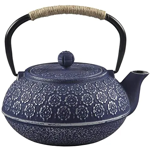 Teekanne aus Gusseisen, japanischer Stil, Tetsubin, Teekessel mit herausnehmbarem Edelstahl-Teesieb, blaue Eisen, Teekannen für Kaffee, Teebeutel, losen Tee, Blumenmuster, 1000 ml