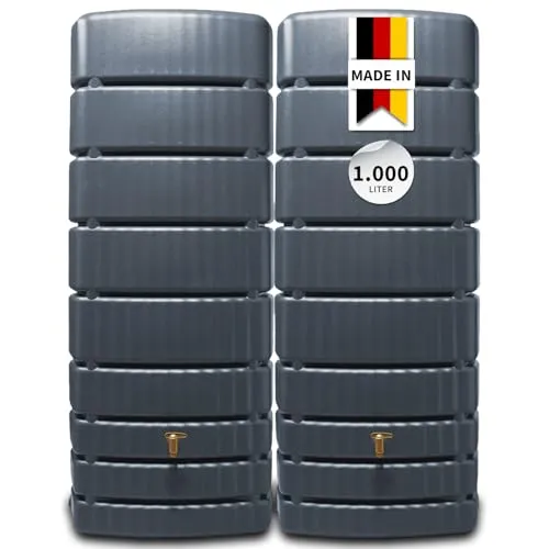 4rain SLIM Wandtank-SET 1000 Liter - Kompakte Regentonne in graphite grey - Wasserspeicher & Regentonnen, 2 x SLIM 500 Liter für platzsparende Regenwassernutzung im Garten.