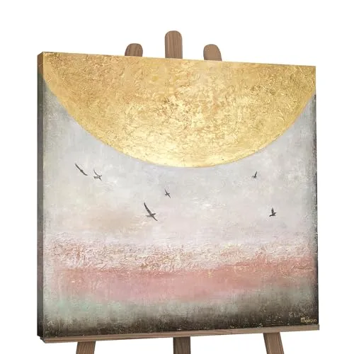 YS-Art XXL Abstrakt Acryl Gemälde auf Leinwand Sonnenenergie II handgemalt Wandbilder Wohnzimmer modernes Design Bilder Gold Braun Vögel echte Kunst 90x90 cm