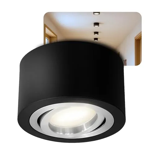 SSC-LUXon LED Aufbaustrahler LANTI rund schwarz mit 4W LED Modul - Aufbaustrahler für geschlossene Räume mit schwenkbarem LED Modul, ideal für stilvolle Beleuchtung in Arbeitszimmer, Flur oder Küche.