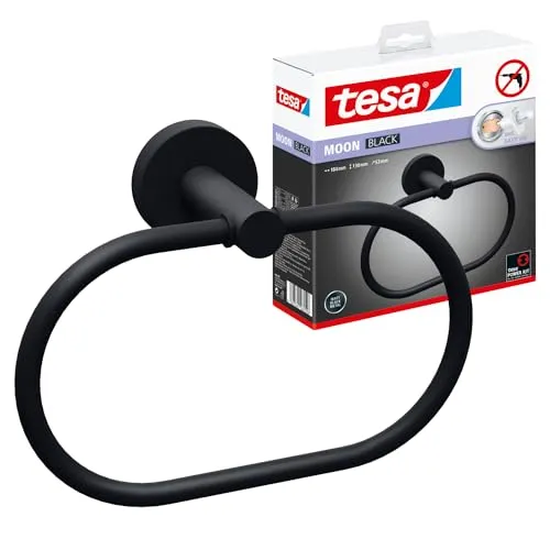 Tesa MOON BLACK Handtuchring - Eleganter Klebstoff Metall - Stylischer Handtuchring aus pulverbeschichtetem Metall, mühelos ohne Bohren montierbar. Ideal für ein modernes Bad-Design mit hoher Tragkraft von bis zu 6 kg.