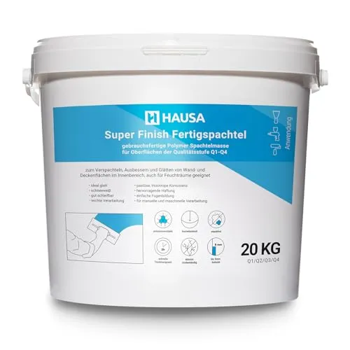 Hausa Super Finish Spachtelmasse 20kg - Eisenwaren Spachtelmasse, hochwertige, rissbeständige Fertigspachtel für Innenräume, ideal für Trockenbau und Feuchträume mit hervorragender Haftung und schneller Austrocknung.