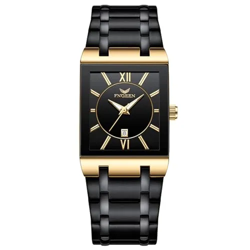 JewelryWe Herrenuhr Edelstahl Rechteckige Uhr: Herren 30m Wasserdicht Kalender Analog Quarz Armbanduhr Männer Schwarz Edelstahlarmband Leuchtend Geschäft Lässige Uhr mit Gold Leuchtzeiger