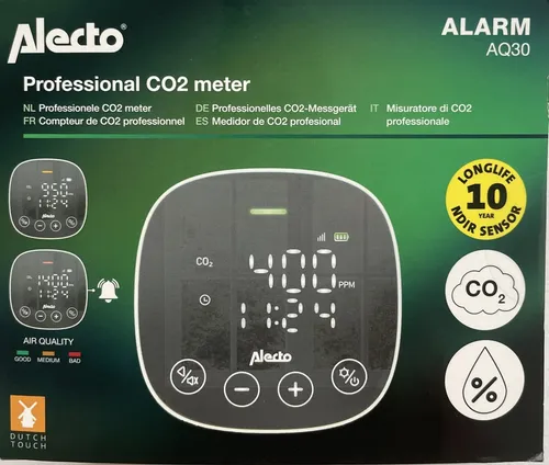 Alecto Alarm AQ30 CO2 Messgerät mit NDIR-Sensor - Gaswarngerät für Gesundheitswesen und Wohnbereich, präzise CO2-Messung mit LCD-Anzeige für optimale Luftqualität.