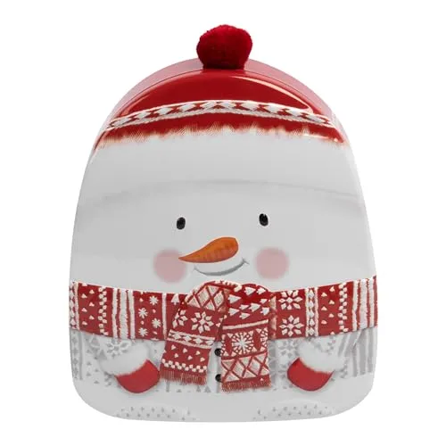 POWERHAUS24 Blechdose Schneemann mit echtem Pompon, Aufbewahrung, Dekoration, Geschenkbox zu Weihnachten, lebensmittelecht, 14,5 x 17 cm, Weihnachtsedition inkl. 2 Rezepte