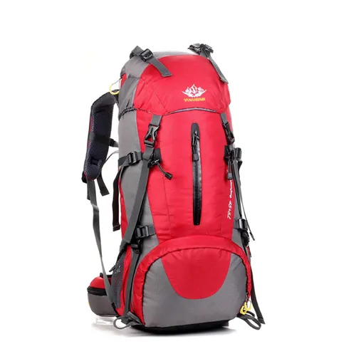 Wanderrucksack 50L Trekkingrucksack mit Regenhülle - Ultraleicht & Wasserdicht in Rot - Ultraleichter Rucksack mit 50L Volumen, perfekt für Outdoor-Abenteuer. Das wasserabweisende Nylon und die ergonomische Polsterung sorgen für Komfort und Schutz bei jedem Wetter.