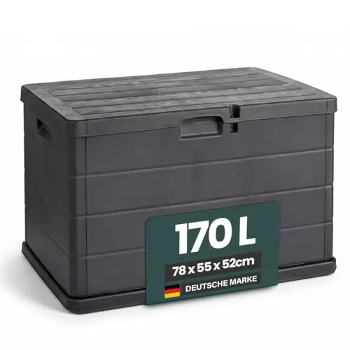 Kreher® XL Kissenbox/Gartenbox 170 Liter oder 340 Liter Nutzvolumen in moderner Holz Optik in Anthrazit! Robust, abwaschbar und einfach im Aufbau! (170 L)
