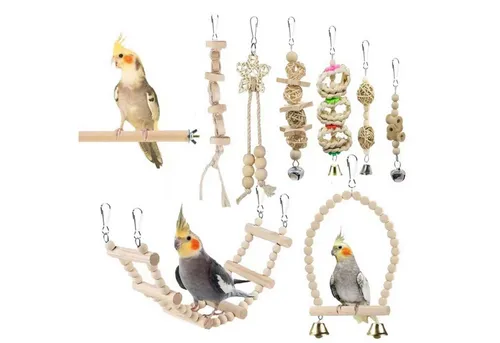 trends for living Vogelkäfig Kauspielzeug Set für Papageien - Vielseitiges Vogelspielzeug-Set mit 9 Teilen, darunter Kletterleiter und Schaukel. Ideal zum Spielen und Erkunden, fördert die Beschäftigung und sorgt für Abwechslung im Käfig.