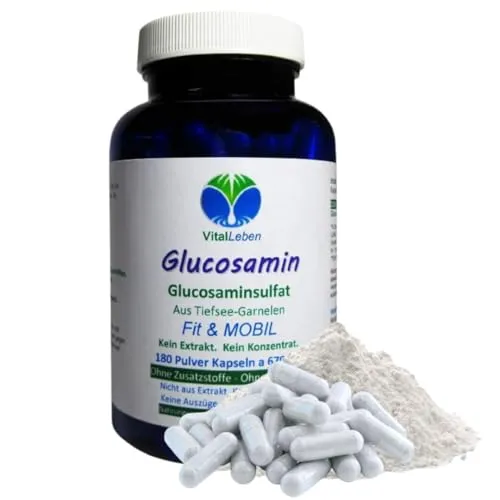 GLUCOSAMIN Glucosaminsulfat 180 Kapseln Gelenk Fit & MOBIL für tägliche Bewegungsfreude - Natürlicher Bestandteil des Knorpels - 100% NATUR pur aus Tiefseekrabben. OHNE ZUSATZSTOFFE 26500-180