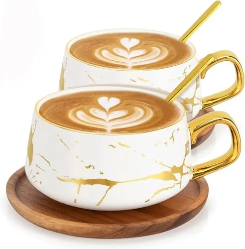 TELANKS 2 x 300 ml Cappuccino Tassen mit Untertassen & Löffel, Espressotassen Set, Elegant/Modern Kaffeetassen aus Keramik für Cappuccino, Latte, Espresso und Tee, Weiß