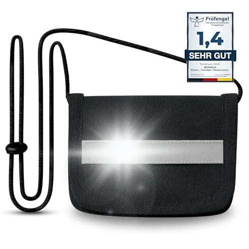 Berninja Geldbeutel mit Sichtfenster zum Umhängen Kinder-, Schüler -Portemonnaie, Brustbeutel, mit Reflektor Streifen für Jungen und Mädchen Portmonee (Schwarz)