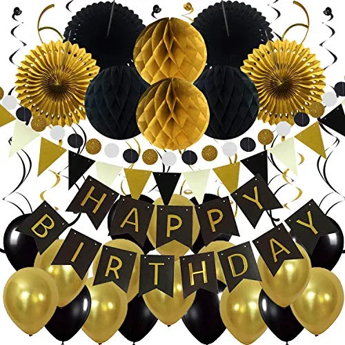ZERODECO Geburtstag Dekoration, Happy Birthday Banner Wabenbälle und Fächerdekoration Papier Girlande Fächer Dreieckige Wimpel Spiral Girlanden und Luftballon - Schwarz, Gold und Grau