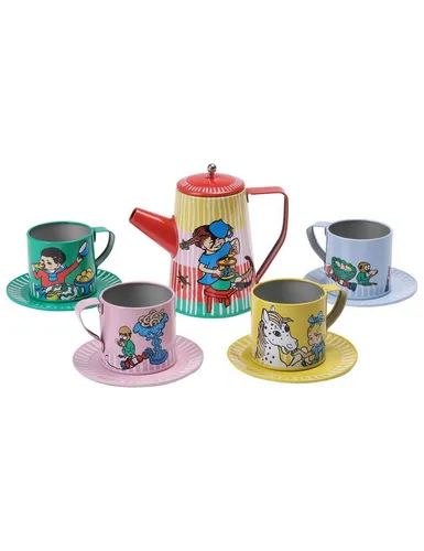 Pippi Langstrumpf Spielgeschirr Teeservice - Buntes Teeservice aus Blech und Aluminium, ideal für kreative Teepartys, empfohlen für Kinder ab 3 Jahren.