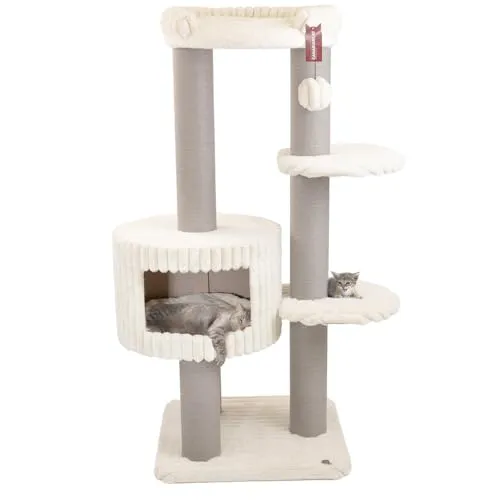 CanadianCat Company | Kratzbaum Edward Beige 158 cm hoch - Katzenbaum mit Höhle, Liegeplattform mit Rand, Kratzsäulen & Papier-Kratzstamm | 68 x 68 x 158 cm
