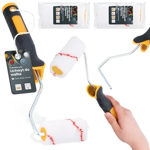 2x Malerroller 10 cm Farbroller Farbwalze Mallerwalze Lackierwalze Ersatzroller mit Griff Malerbügel Halter Malerset Streichen Wandfarbe Fassadenfarbe