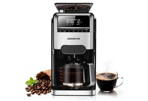 Aigostar Kaffeemaschine mit Mahlwerk – 12 Tassen, 7 Mahlgrade, 3 Brühstärken - Erleben Sie frisch gemahlenen Kaffee mit der Aigostar Filterkaffeemaschine. Programmierbar für bis zu 24 Stunden, mit individueller Anpassung für jeden Geschmack – ideal für Kaffeeliebhaber!