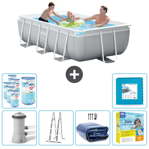 Intex Rechteckiges Prisma-Rahmen-Schwimmbecken – 300 x 175 x 80 cm – Grau – inklusive Pumpe – Leiter Sonnensegel
