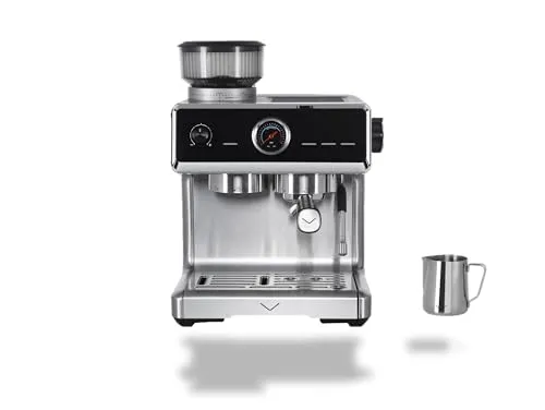 Vestel SESM9090 X Grinding Siebträgermaschine mit Auto-Tamping-Funktion, Edelstahlkegelmahlwerk, 200 gr Kaffeebohnenbehälter, 20 Bar, 1500 W, Edelstahl/schwarz, 15000412