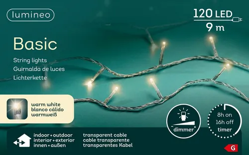 Lumineo LED-Lichterkette Lumineo Lichterkette BASIC 120 LED 9 m warm weiß, transparentes Kabel, Indoor/Outdoor, dimmbar, 8h-Timer, + 5 m Zuleitung