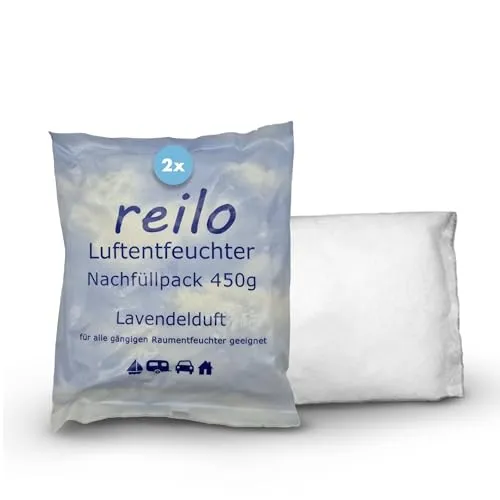 reilo 2x 450g Lavendelduft Luftentfeuchter Granulat, Raumluftentfeuchter im Vliesbeutel, Nachfüllpacks für gängige Entfeuchterboxen, Lufttrockner für Wohnraum, Schlafzimmer, Keller