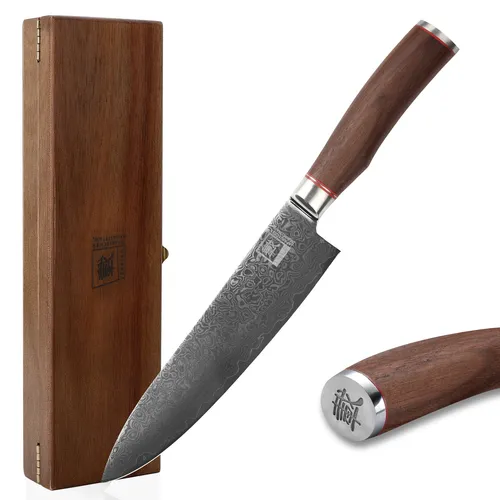 Zayiko Damastmesser Chefmesser – Japanischer Damaststahl VG-10 mit Nussbaumgriff - Küchenmesser aus hochwertigem Damaststahl, ideal für Fleisch, Gemüse und Fisch. Das elegante Design mit Nussbaumgriff sorgt für eine optimale Handhabung und Langlebigkeit.
